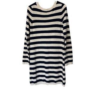 Aqua Cashmere Striped Sweater Mini Dress Women's L Navy Beige Gold Buttons NEW